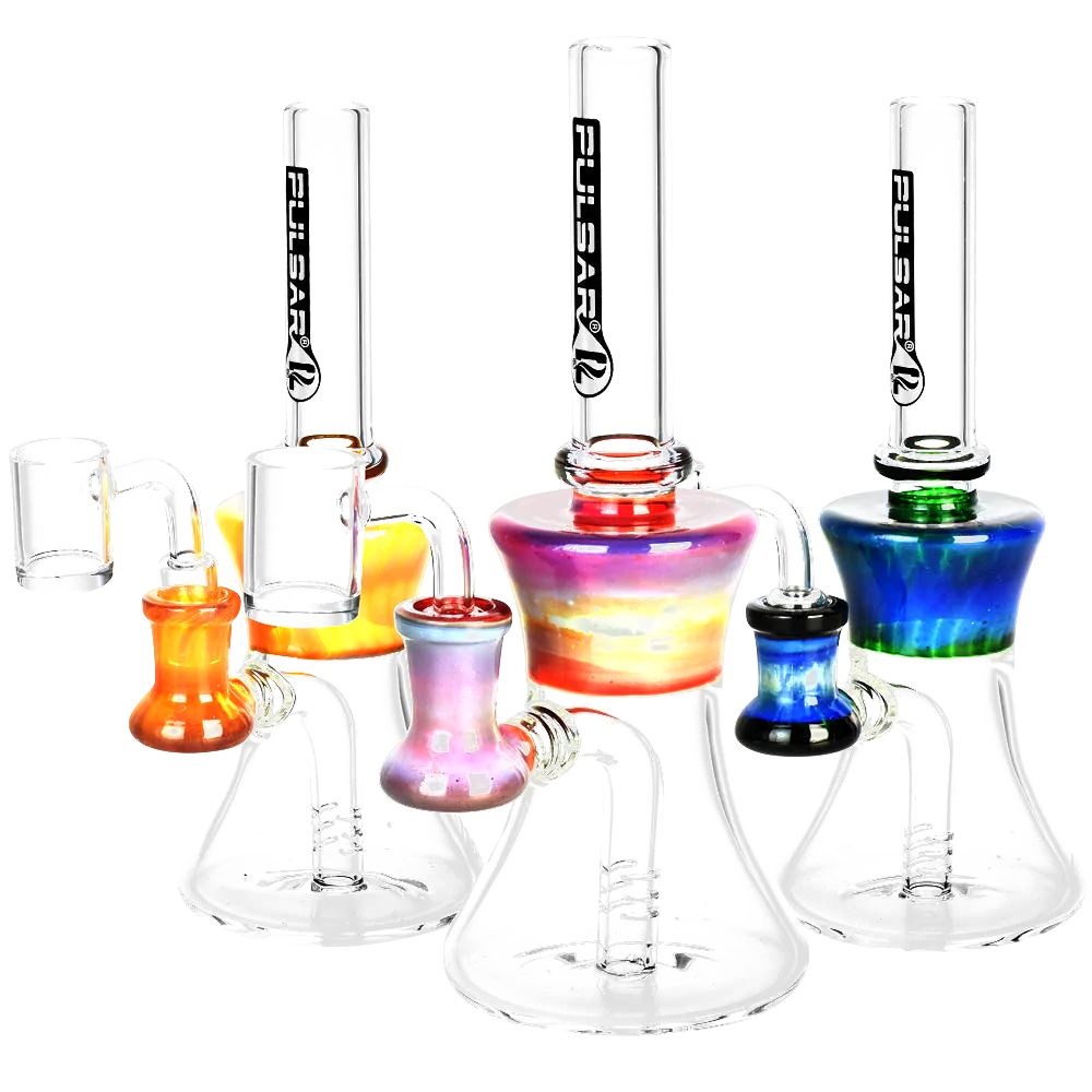 Pulsar Hourglass Chugger Dab Rigs in various colors with thick borosilicate glass and quartz bangers