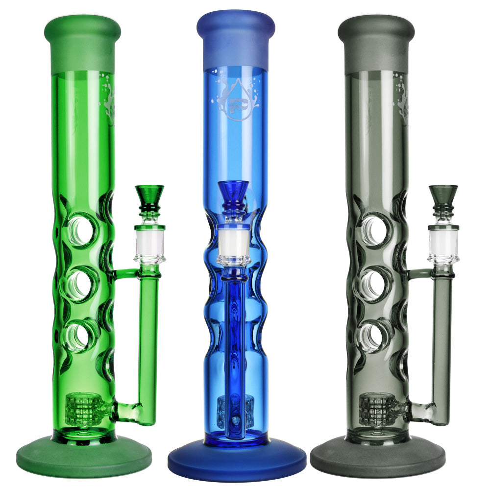 Pulsar Hyperspace Water Pipes in green, blue, and grey colors, 13.75" tall, 14mm female joint, front view
