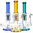 Pulsar Jellyfish Inline Perc Water Pipes in blue, yellow, and green, featuring deep bowls and sturdy bases.