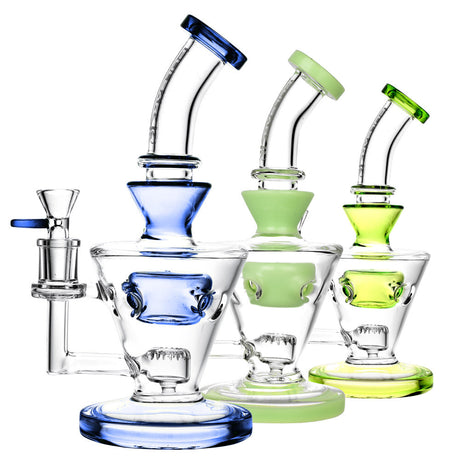 Pulsar Kickback Water Pipes in blue, green, and yellow, 9.5" tall with angled mouthpieces