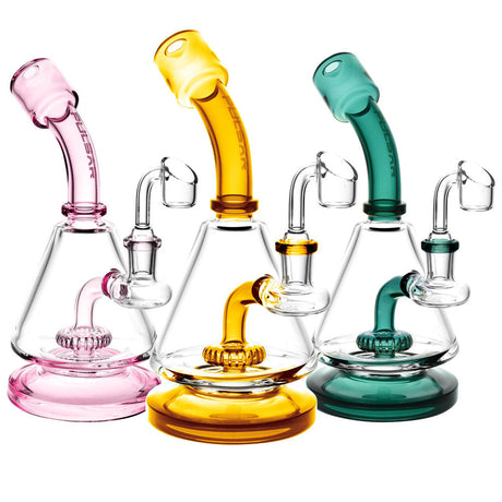 Pulsar Lab Flask Rigs in assorted colors with quartz bangers, angled side view on white background