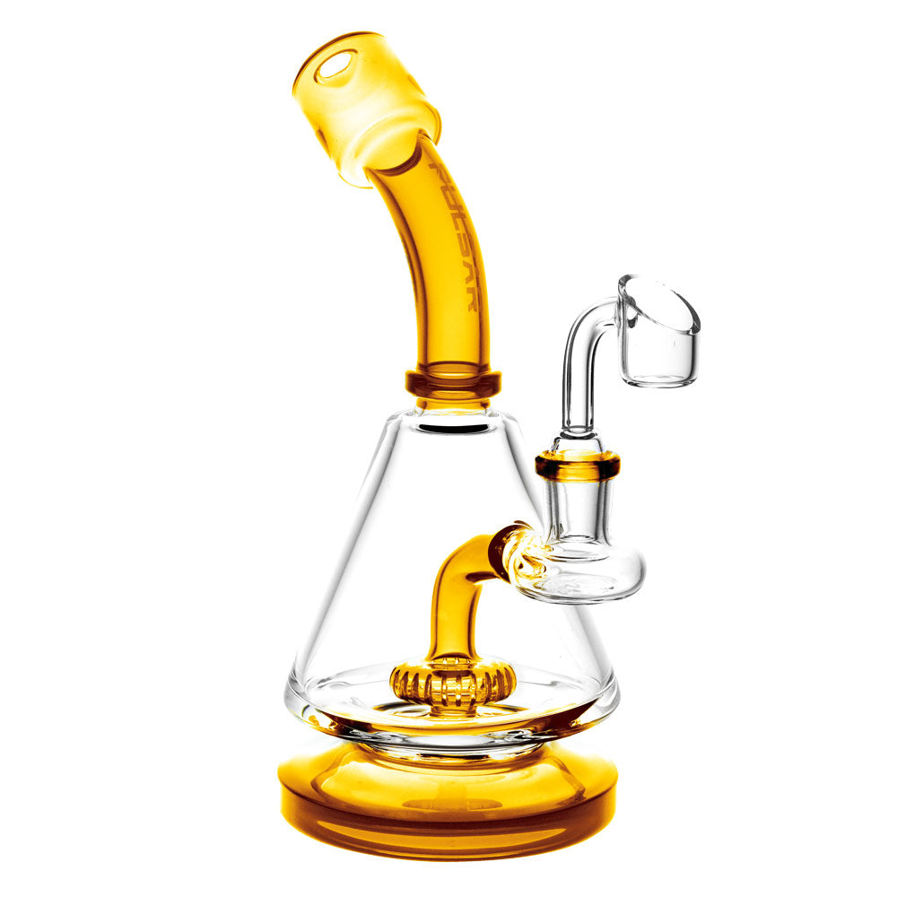 Pulsar Lab Flask Rig with Quartz Banger, 8" 14mm Female in Assorted Colors, Angled Side View