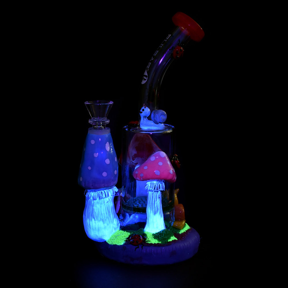 Pulsar Ladybug Shroom Water Pipe with honeycomb percolator, 9" tall, glowing in dark