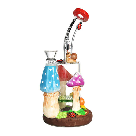 Pulsar Ladybug Shroom Water Pipe, 9" tall, with colorful mushroom design and honeycomb percolator, front view