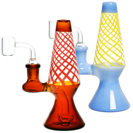 Pulsar Lava Lamp Rigs in assorted colors with 14mm female joint, front view on white background