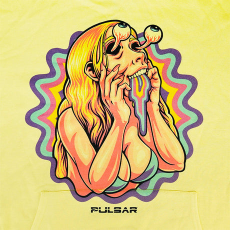 Pulsar Lucy Facemelter Hoodie in Yellow with Psychedelic Print, Front View