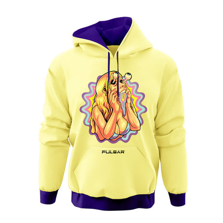 Pulsar Lucy Facemelter Hoodie in yellow and purple with psychedelic print, front view on white background