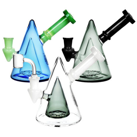 Pulsar Meta Megaphone Dab Rigs in various colors with quartz bangers, front view on white background