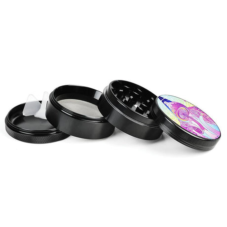 Pulsar 4-Part Metal Grinder with Melting Shrooms design, 2.5" diameter, featuring kief catcher - Open View