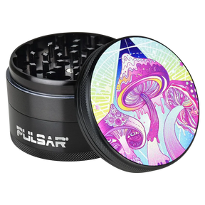 Pulsar Metal Grinder with Melting Shrooms design, 2.5" diameter, 4-part, rubber grip - angled view