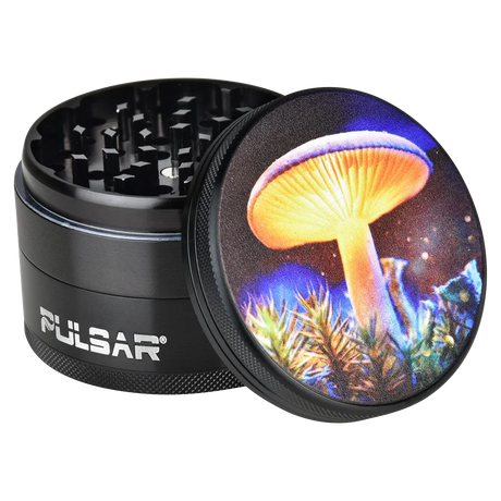 Pulsar Metal Grinder with Mystical Mushroom design, 2.5" diameter, durable rubber grip