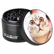 Pulsar Metal Grinder with Stoned Cat Design, 2.5" Compact Size, Side View