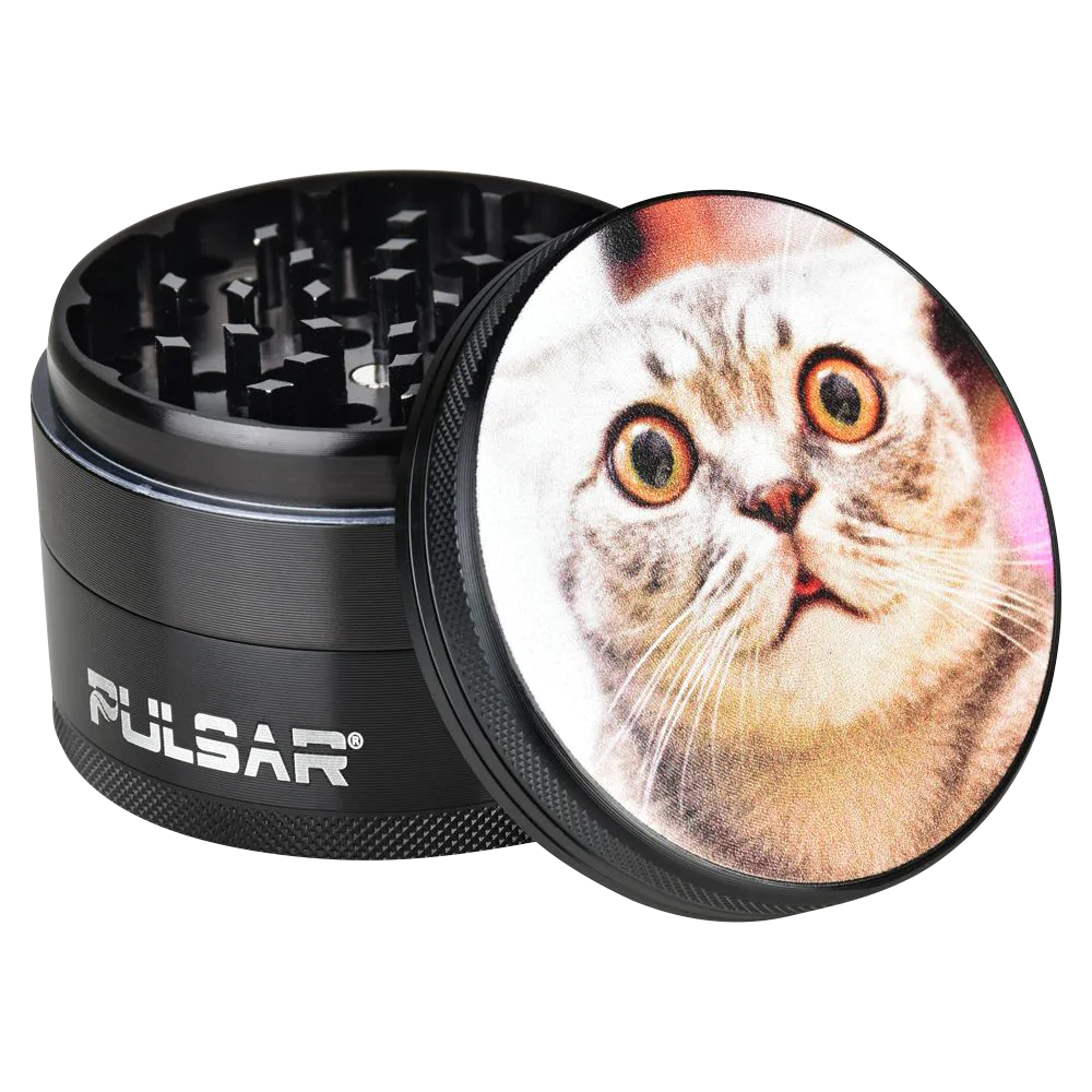 Pulsar Metal Grinder with Stoned Cat Design, 2.5" Compact Size, Side View