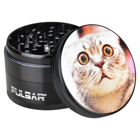 Pulsar Metal Grinder with Stoned Cat Design, 2.5" Compact Size, Side View