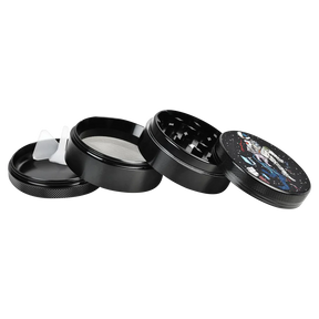 Pulsar Metal Grinder - Super Spaceman design, 4-part with screen, 2.5" diameter, angled view