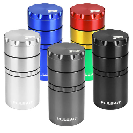 Assorted Pulsar Metal 4-Piece Grinders in various colors with logo, front view