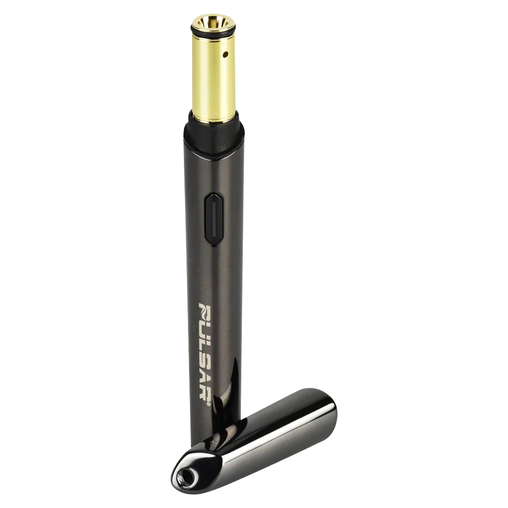 Pulsar Micro Dose Vaporizer Pen in black, side view with cap detached, compact for travel