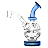 Pulsar Mini Holey-Egg Dab Rig with blue accents and quartz banger, side view on white background