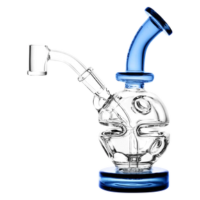 Pulsar Mini Holey-Egg Dab Rig with blue accents and quartz banger, side view on white background