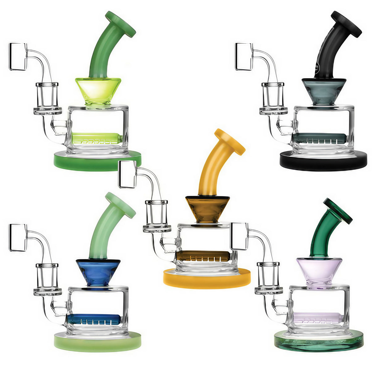 Assorted Pulsar Mini Inline Perc Rigs in various colors with clear borosilicate glass bodies, 6.5" tall