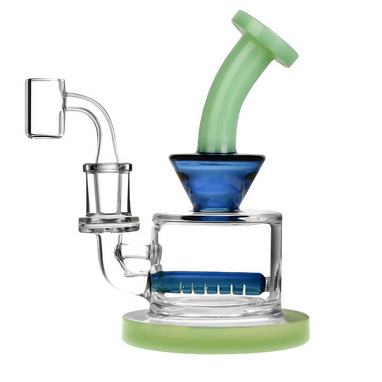 Pulsar Mini Inline Perc Rig with blue accents and bent neck, 6.5" tall on white background