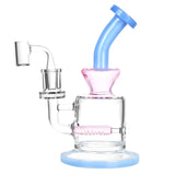 Pulsar Mini Inline Perc Rig with blue and pink accents, 14mm Female joint, front view on white background