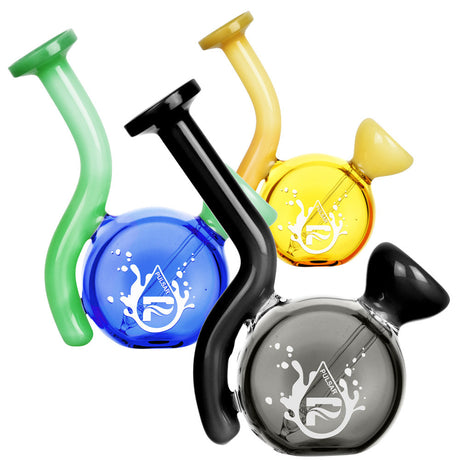 Pulsar Mini Travel Water Pipes in green, blue, black, and yellow borosilicate glass, top view