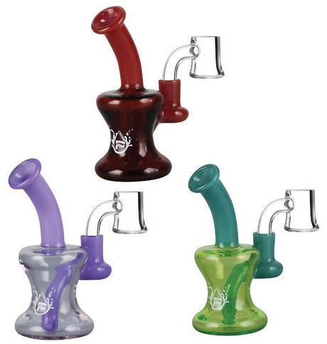 Assorted Pulsar Mini Travel Rigs in various colors, each with a 10mm joint and made of borosilicate glass.