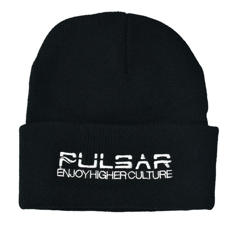 Pulsar Mushroom Beanie Cap in black acrylic, unisex one size with white logo, front view
