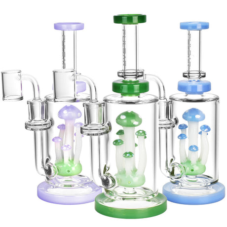 Pulsar Mushroom Cluster Dab Rigs in purple, green, and blue with borosilicate glass design