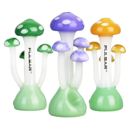 Pulsar Mushroom Family Hand Pipes in various colors, crafted from borosilicate glass, front view
