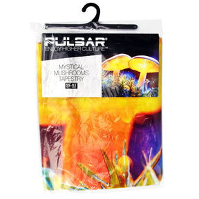 Pulsar Mystical Mushrooms Tapestry in packaging, vibrant colors, 55" x 83" cotton wall decor