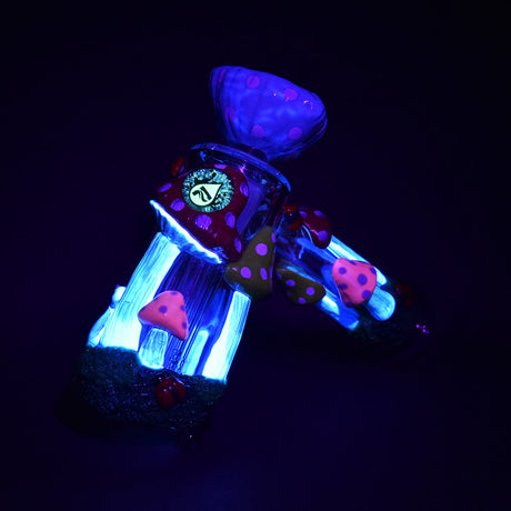 Pulsar Old School Shroom Bubbler Pipe, 8", 19mm F, glowing under blacklight, angled view