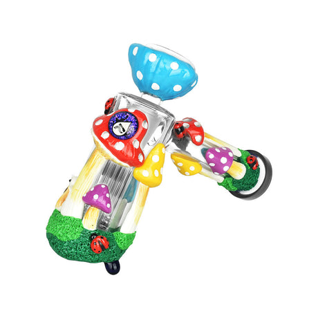 Pulsar Old School Shroom Glass Bubbler Pipe, 8-inch with colorful mushroom design, angled side view