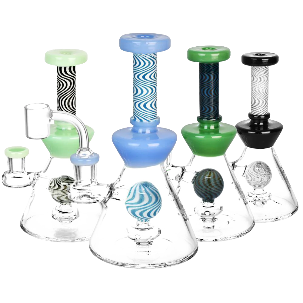 Pulsar Op Art Striped Ball Perc Rigs in various colors with beaker design and borosilicate glass