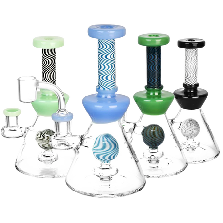 Pulsar Op Art Striped Ball Perc Rigs in various colors with beaker design and borosilicate glass