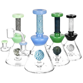 Pulsar Op Art Striped Ball Perc Rigs in various colors with beaker design and borosilicate glass