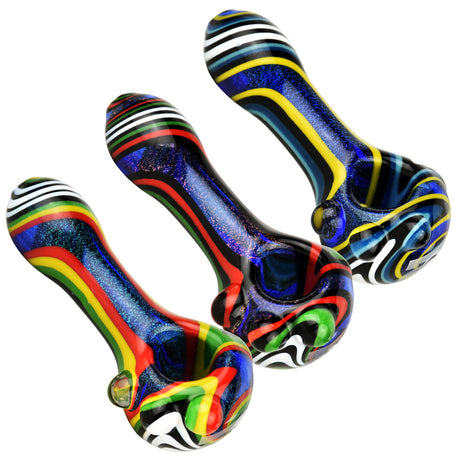 Pulsar Outer Space Dicro Swirl Hand Pipe trio, 4" borosilicate glass, vibrant design, top view