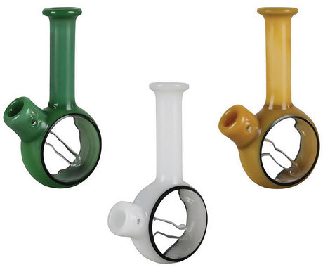 Pulsar Pocket Bubblers in green, white, and yellow, compact and portable design, for dry herbs