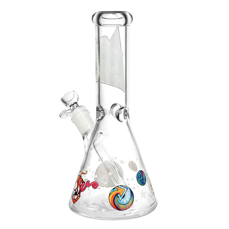 Pulsar Psychedelic Spaceman Beaker Water Pipe, 10.5" tall, with vibrant full-wrap design, front view on white background.
