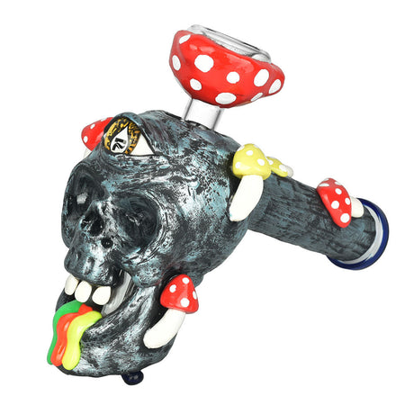 Pulsar Rainbow Puking Skull Bubbler Pipe, 8", 19mm Female Joint, with Mushroom Accents