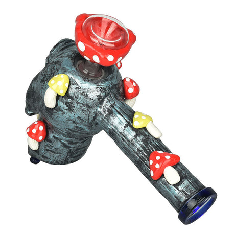 Pulsar Rainbow Puking Skull Bubbler Pipe with colorful mushroom accents, 8" side view
