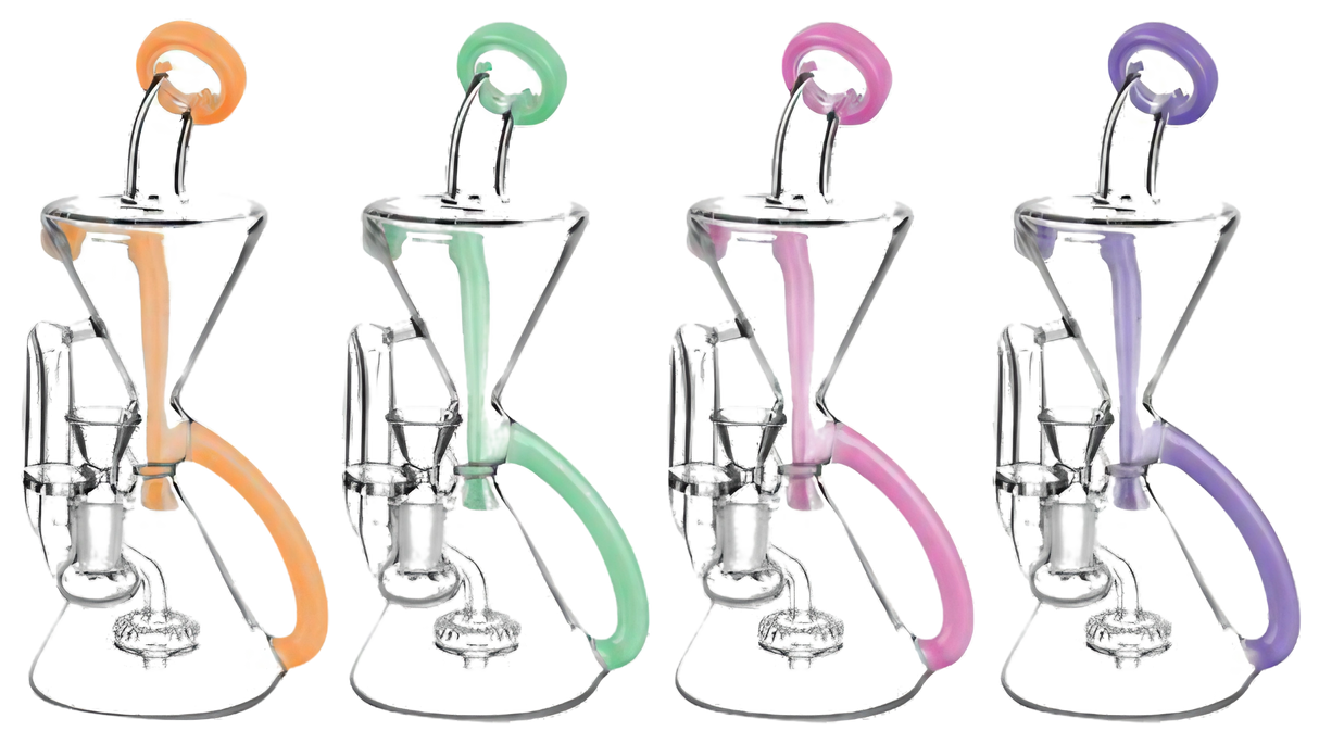 Pulsar Recycler Water Pipes in assorted colors with showerhead percolators, front view on striped background