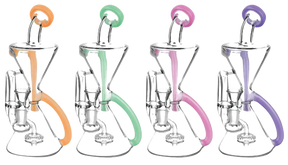 Pulsar Recycler Water Pipes in assorted colors with showerhead percolators, front view on striped background