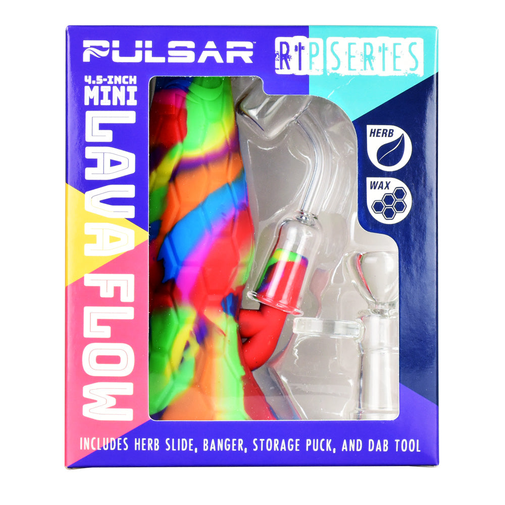 Pulsar RIP Series Mini Lava Flow Dual Rig, 4.5" height, front view, with quartz banger and dab tool
