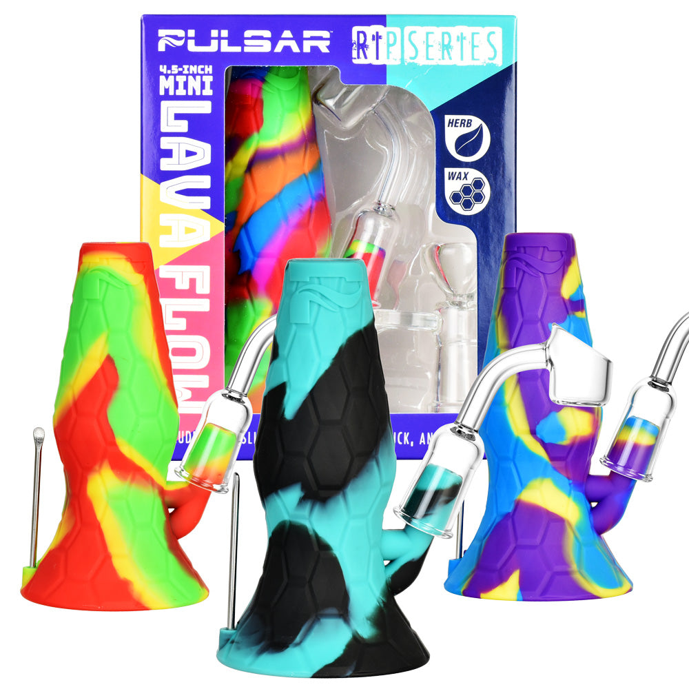 Pulsar RIP Series Mini Lava Flow Dual Rigs with colorful silicone bodies and quartz bangers, front view