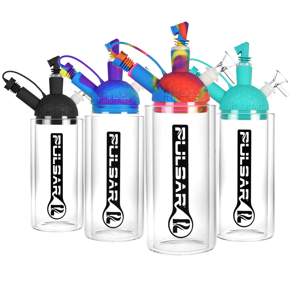 Pulsar RIP Series Silicone Gravity Bongs in various colors, front view, with borosilicate glass and silicone body