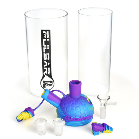 Pulsar RIP Series 11" Silicone Gravity Water Pipe with 14mm Female Joint, displayed with glass tubes and accessories