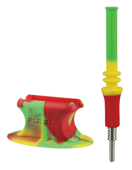 Pulsar RIP Silicone Vapor Straw in Rasta colors with Titanium Tip and Stand, Front View