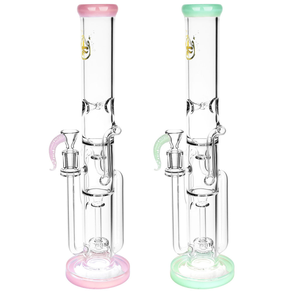 Pulsar Roaring Recycler Water Pipes with pink and green accents, front view on white background